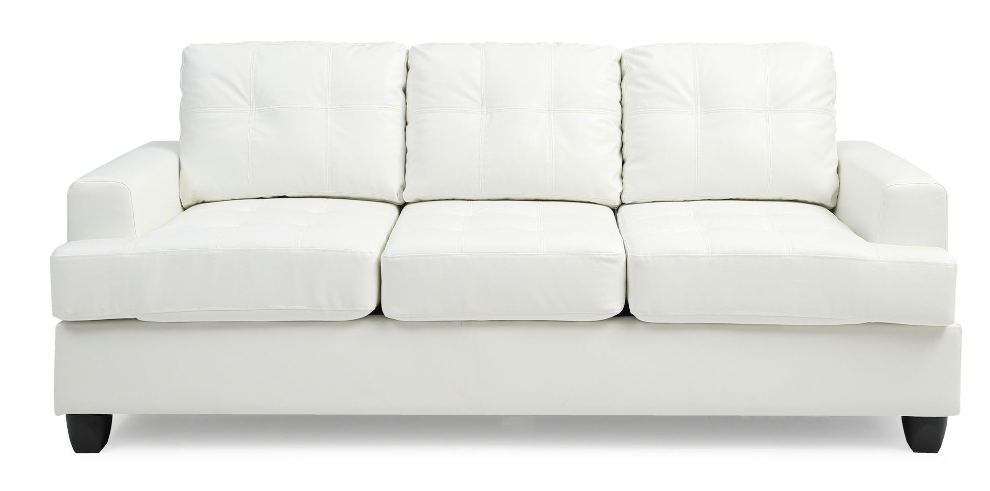 The Sandridge - Sofa is a modern white three-seater with square tufted cushions and short black legs, shown front-facing against a plain white background.
