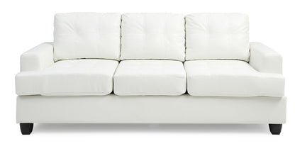 The Sandridge - Sofa is a modern white three-seater with square tufted cushions and short black legs, shown front-facing against a plain white background.