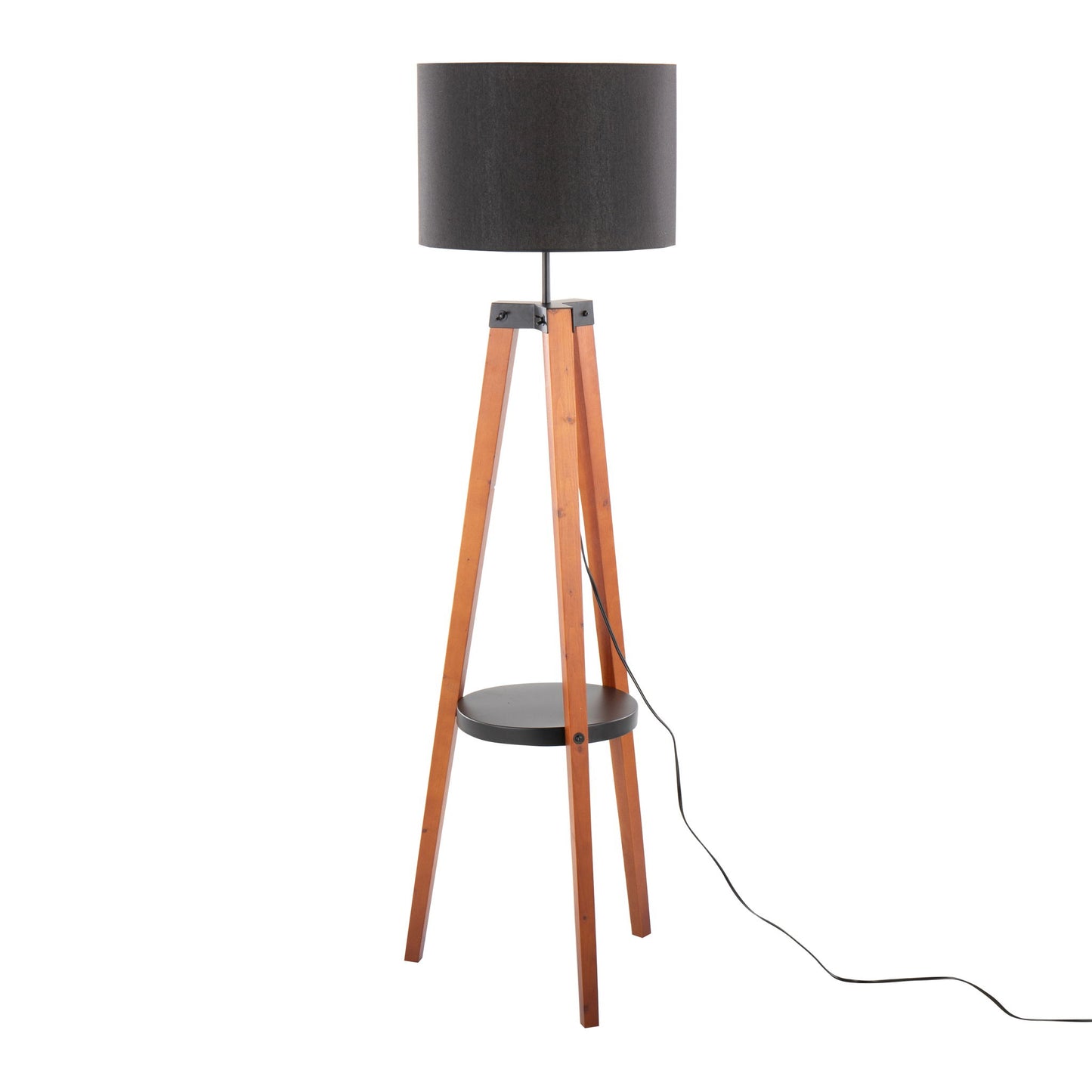 The Compass Mid Century Modern Floor Lamp features a black cylindrical shade, wooden tripod legs, a small round shelf, and a visible black power cord.