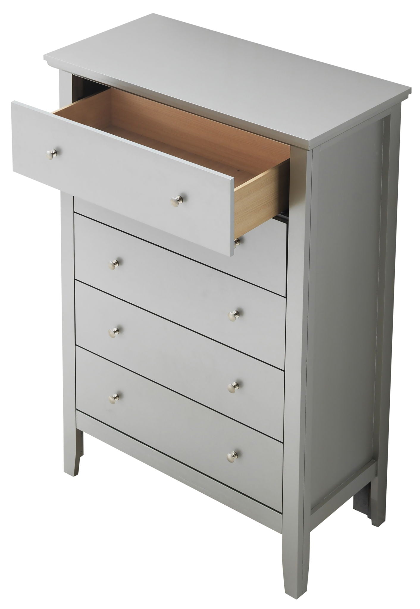 The Primo - Chest is a gray wooden dresser with five drawers; the top drawer is open showing an empty interior, while the other four drawers are closed.