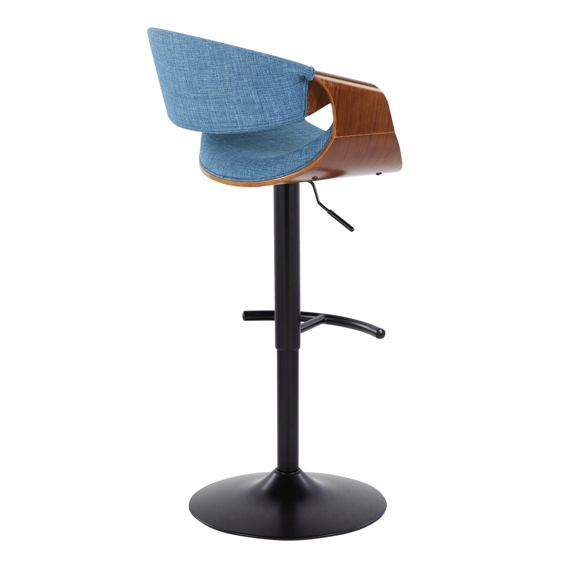 The Curvo Mid Century Modern Adjustable Barstool Set features a sleek black metal base with a rounded T footrest, swivel function, light blue upholstered seat, and curved wooden backrest for a stylish contemporary look. Set of 2.