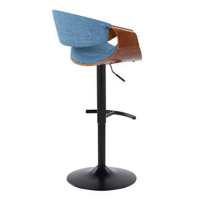 The Curvo Mid Century Modern Adjustable Barstool Set features a sleek black metal base with a rounded T footrest, swivel function, light blue upholstered seat, and curved wooden backrest for a stylish contemporary look. Set of 2.