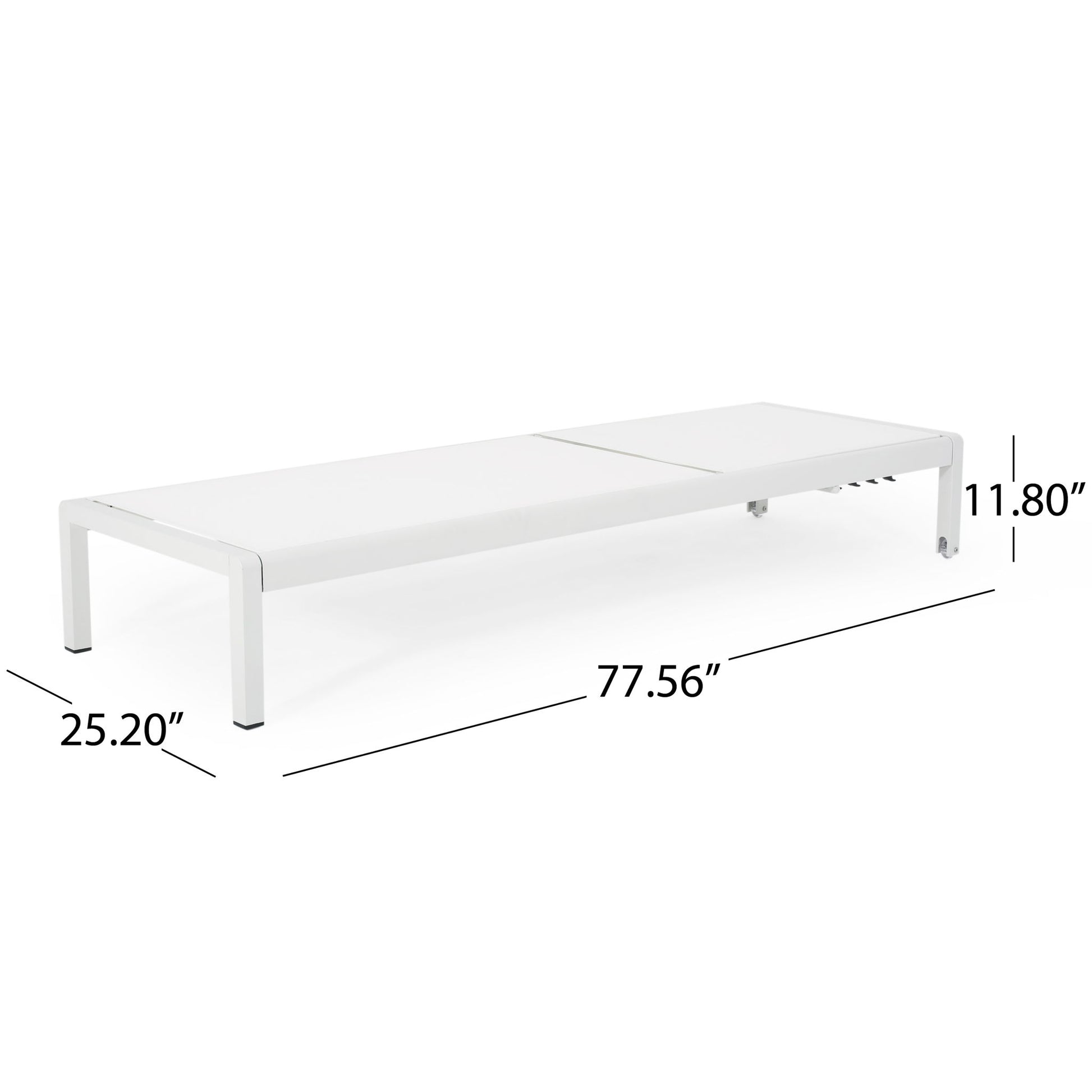 The Outdoor Patio Chaise Lounge with 5 Reclining Positions is a white, rectangular piece with four legs, measuring 25.20" wide, 77.56" long, and 11.80" high.