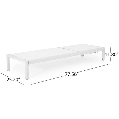 The Outdoor Patio Chaise Lounge with 5 Reclining Positions is a white, rectangular piece with four legs, measuring 25.20" wide, 77.56" long, and 11.80" high.