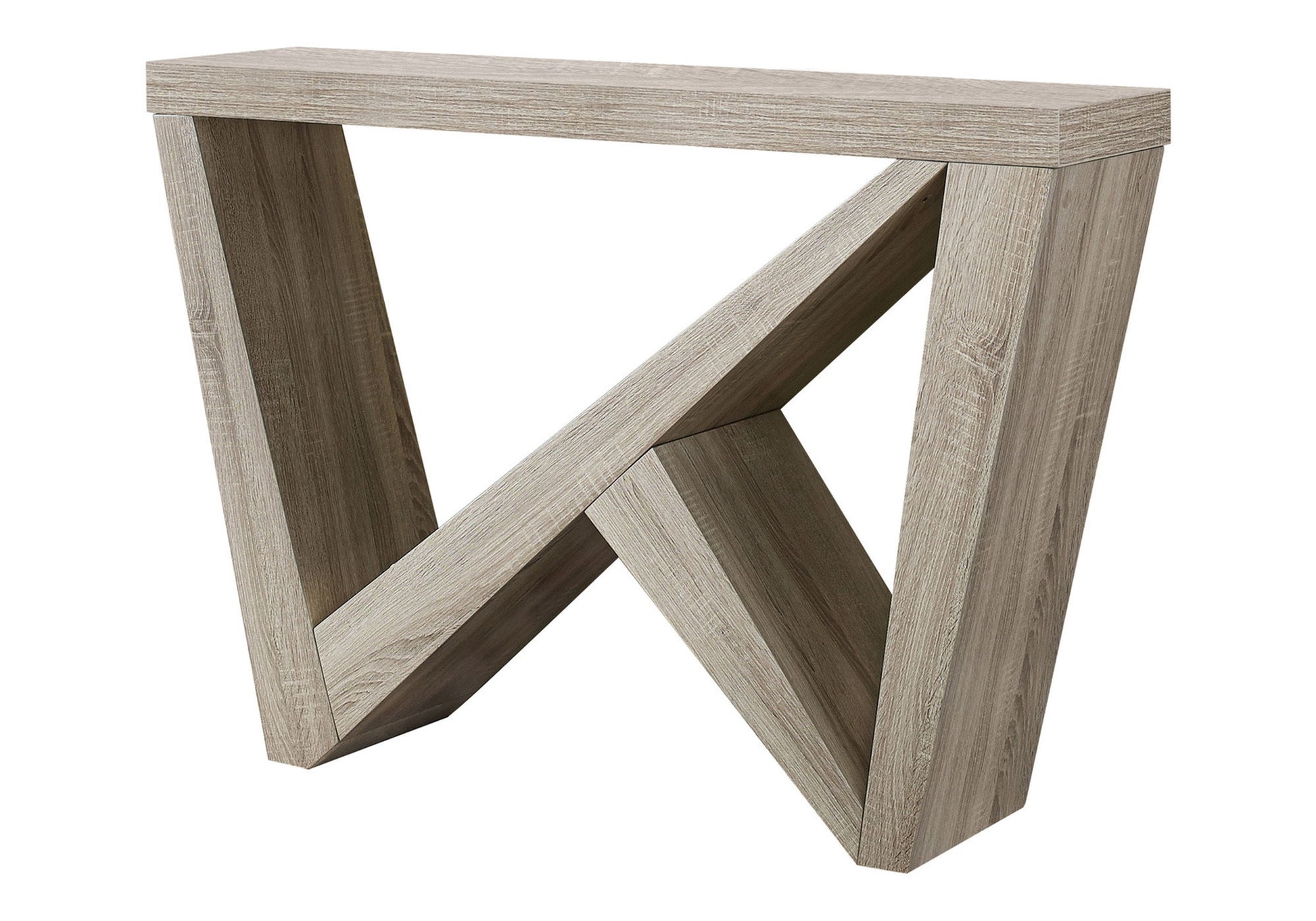 The Accent Console Table For Entryway features durable construction and a modern light wood design with an angular geometric base, showcasing overlapping triangles and diagonal lines for a sculptural, abstract look.