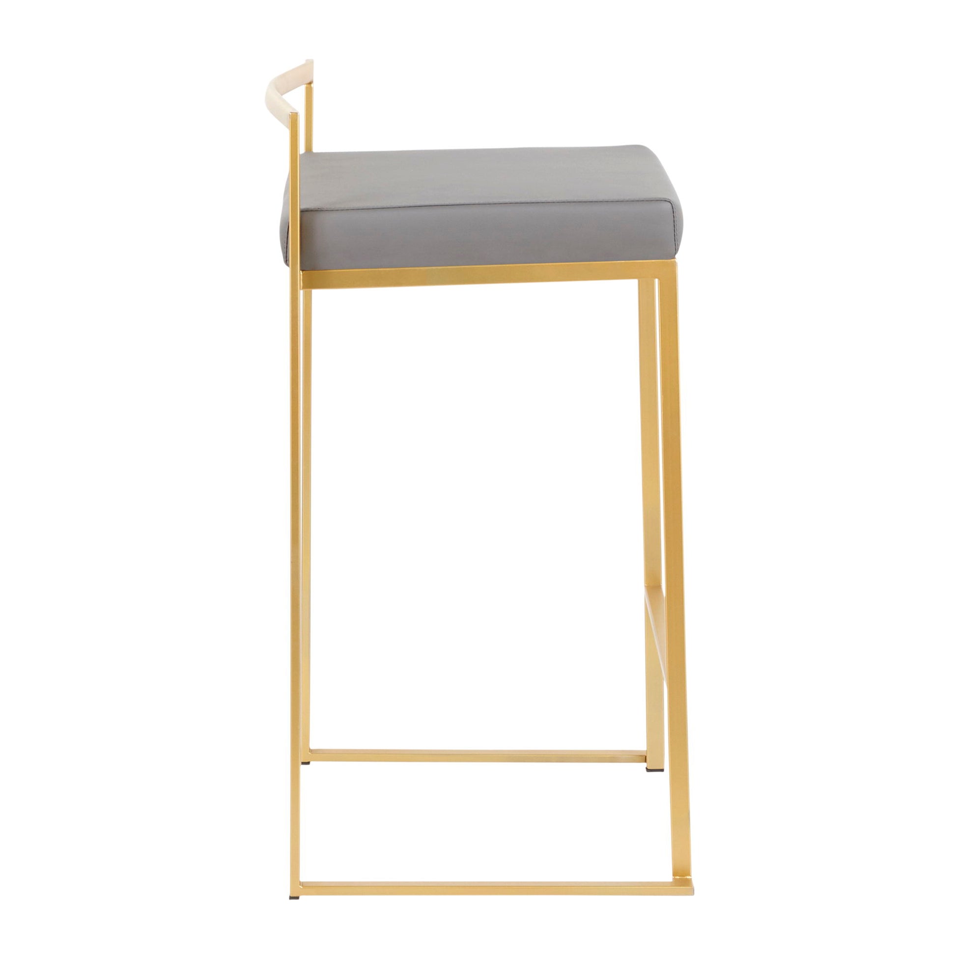 Side view of the Fuji Contemporary/Glam Design Counter Stool (Set of 2), featuring a gold metal frame, rectangular gray cushion seat, minimalist backrest, and open design, shown against a white background.