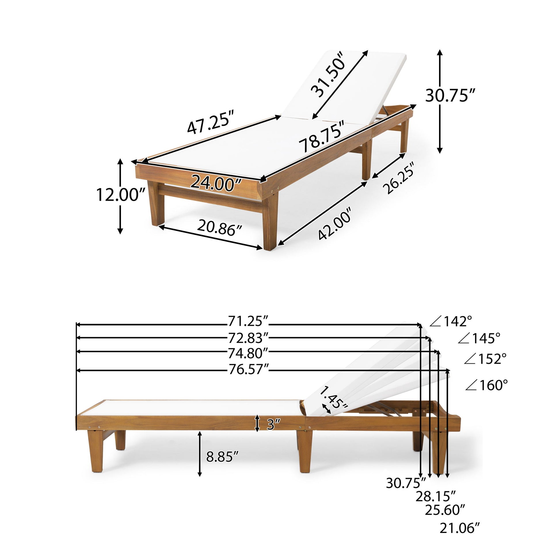 Two diagrams of the "Outdoor Chaise Lounge With Acacia Wood Frame - White / Teak" are shown from the side and at an angle, detailing measurements in inches and degrees for length, height, width, reclining angles, and cushion size.