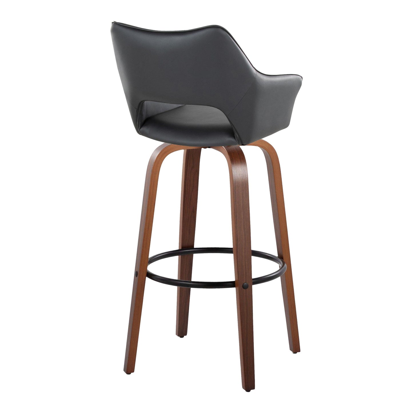 The Mustang Contemporary Fixed Height Barstool (Set of 2) features a black curved seat, wooden legs, and a round metal footrest, shown from the back at a slight angle.