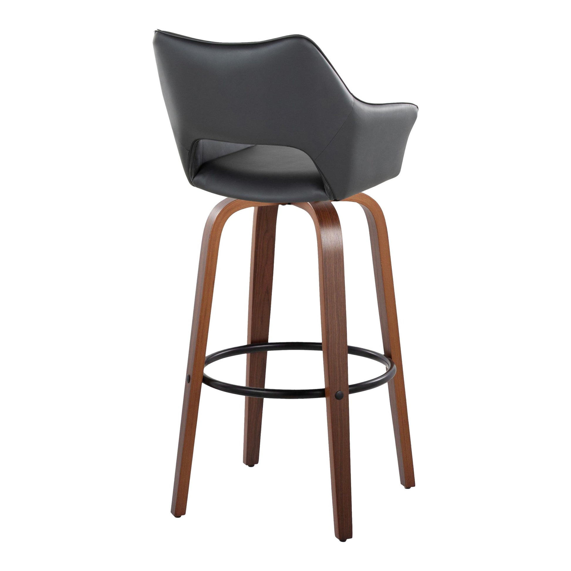 The Mustang Contemporary Fixed Height Barstool (Set of 2) features a black curved seat, wooden legs, and a round metal footrest, shown from the back at a slight angle.