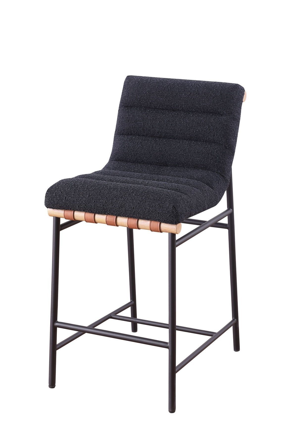 The Lahni 17" Boucle Fabric Counter Height Chair features a black, textured cushioned seat and backrest, a black metal frame, horizontal wooden accents under the seat, and no armrests.