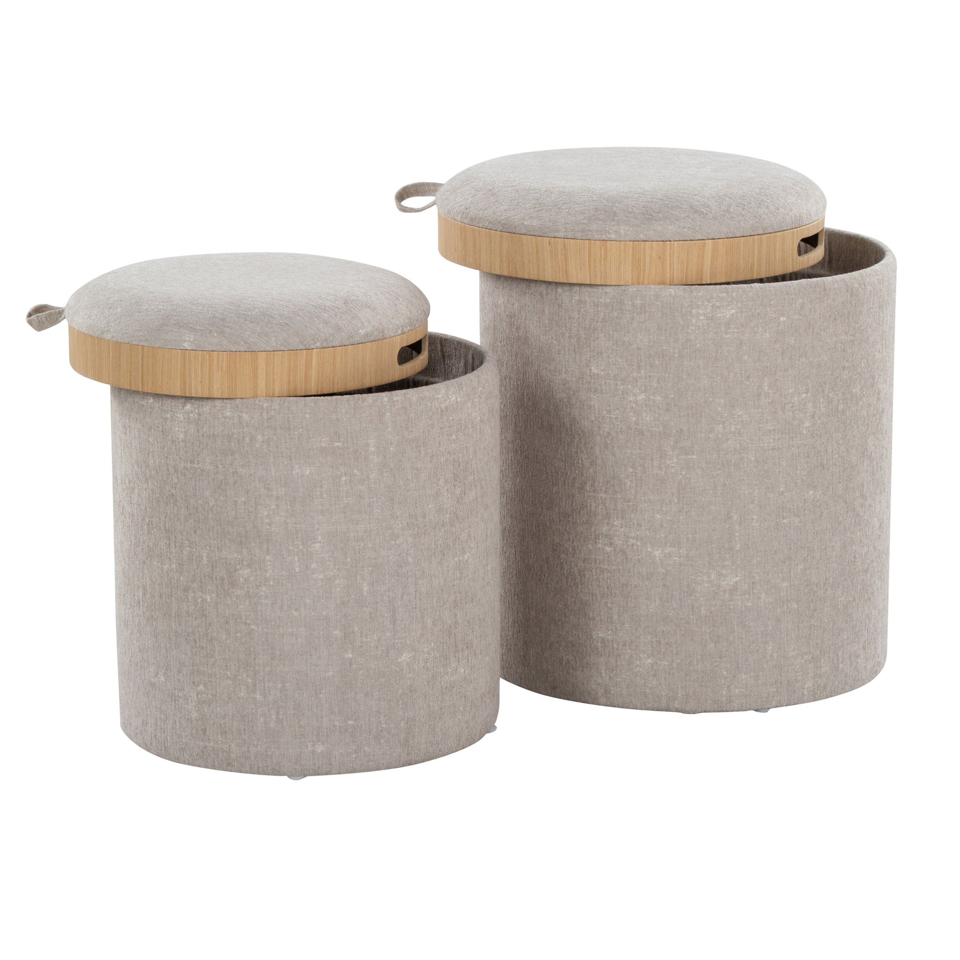 The Tray - Contemporary Nesting Ottoman Set includes two beige cylindrical fabric ottomans with removable wooden lids, one taller than the other, and each lid features a small fabric loop handle.