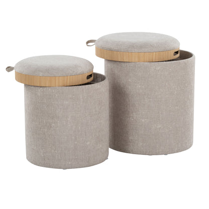 The Tray - Contemporary Nesting Ottoman Set includes two beige cylindrical fabric ottomans with removable wooden lids, one taller than the other, and each lid features a small fabric loop handle.