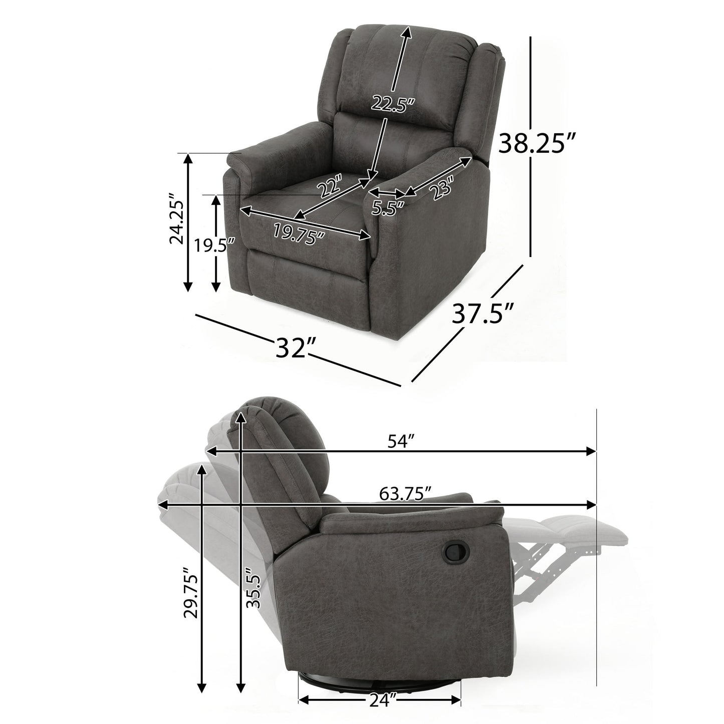 Two views of the Contemporary Glider Recliner With Swivel Function in dark gray, with labeled measurements for width, seat depth, backrest height, overall depth, and reclined length.