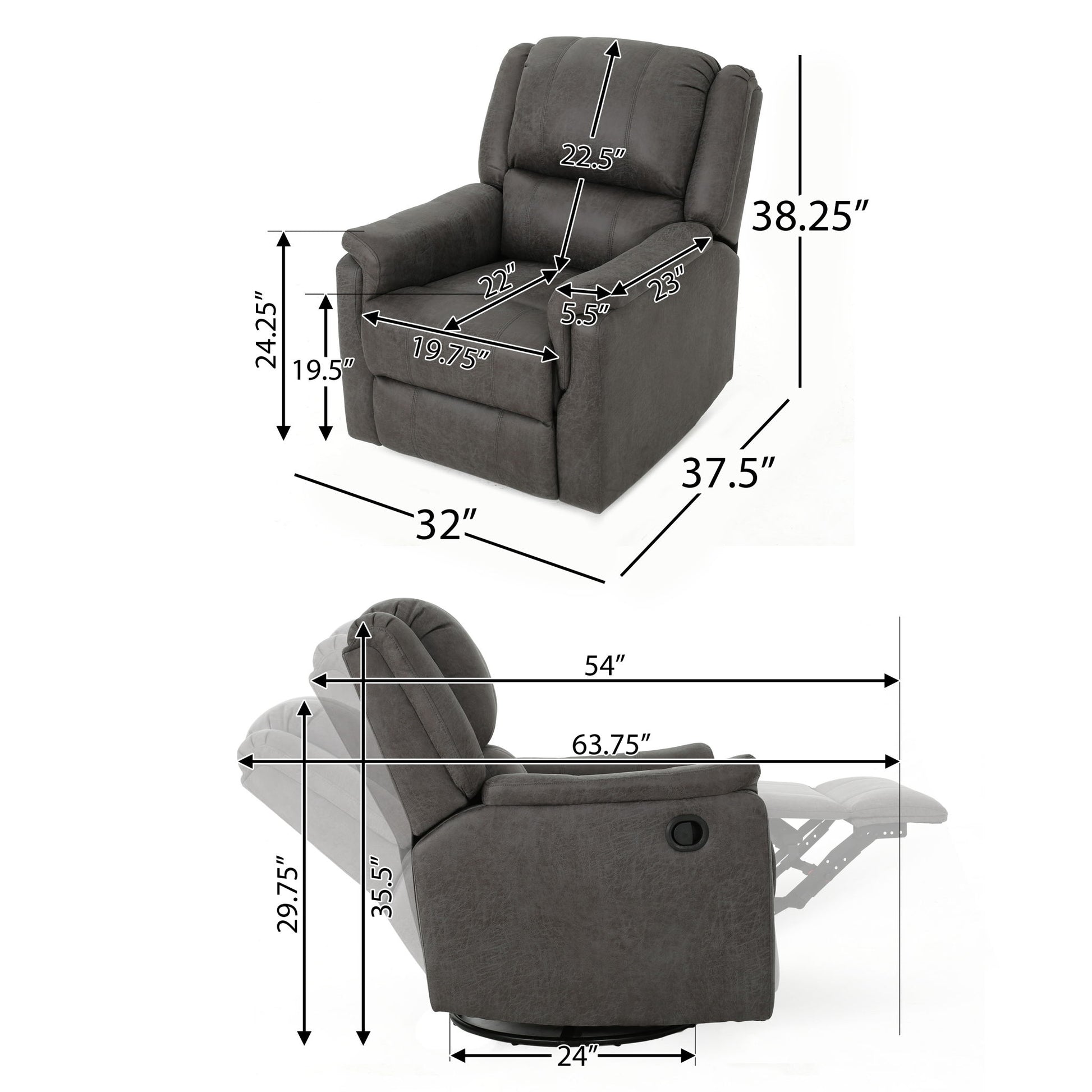 Two views of the Contemporary Glider Recliner With Swivel Function in dark gray, with labeled measurements for width, seat depth, backrest height, overall depth, and reclined length.