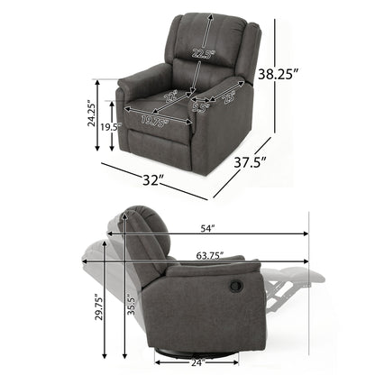 Two views of the Contemporary Glider Recliner With Swivel Function in dark gray, with labeled measurements for width, seat depth, backrest height, overall depth, and reclined length.