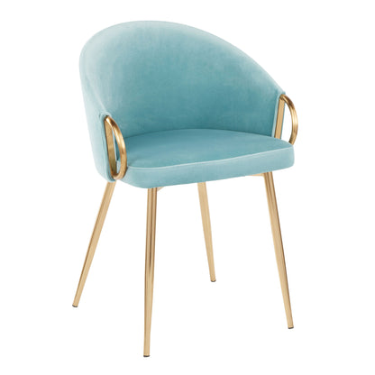 The Claire - Contemporary Glam Chair features light blue velvet upholstery, gold metal legs, matching gold armrest handles, a curved backrest, and a sleek minimalist design.