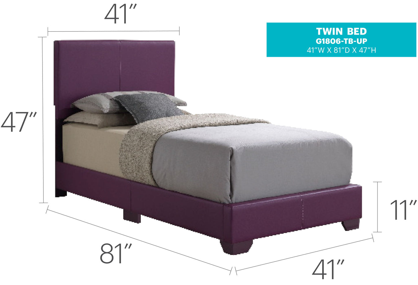 The Elegant Platform Bed For Relaxed Spaces is a purple twin bed with a tall headboard, gray bedding, and pillows. Dimensions: 41" W x 81" D x 47" H; base is 11" from the floor.