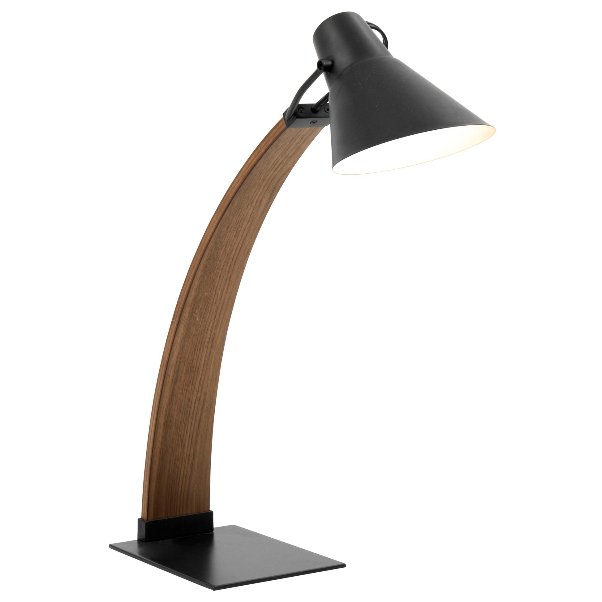 The Noah - Contemporary Table Lamp features a curved wooden base, a rectangular metal stand, and a black angled metal lampshade, providing modern downward lighting.