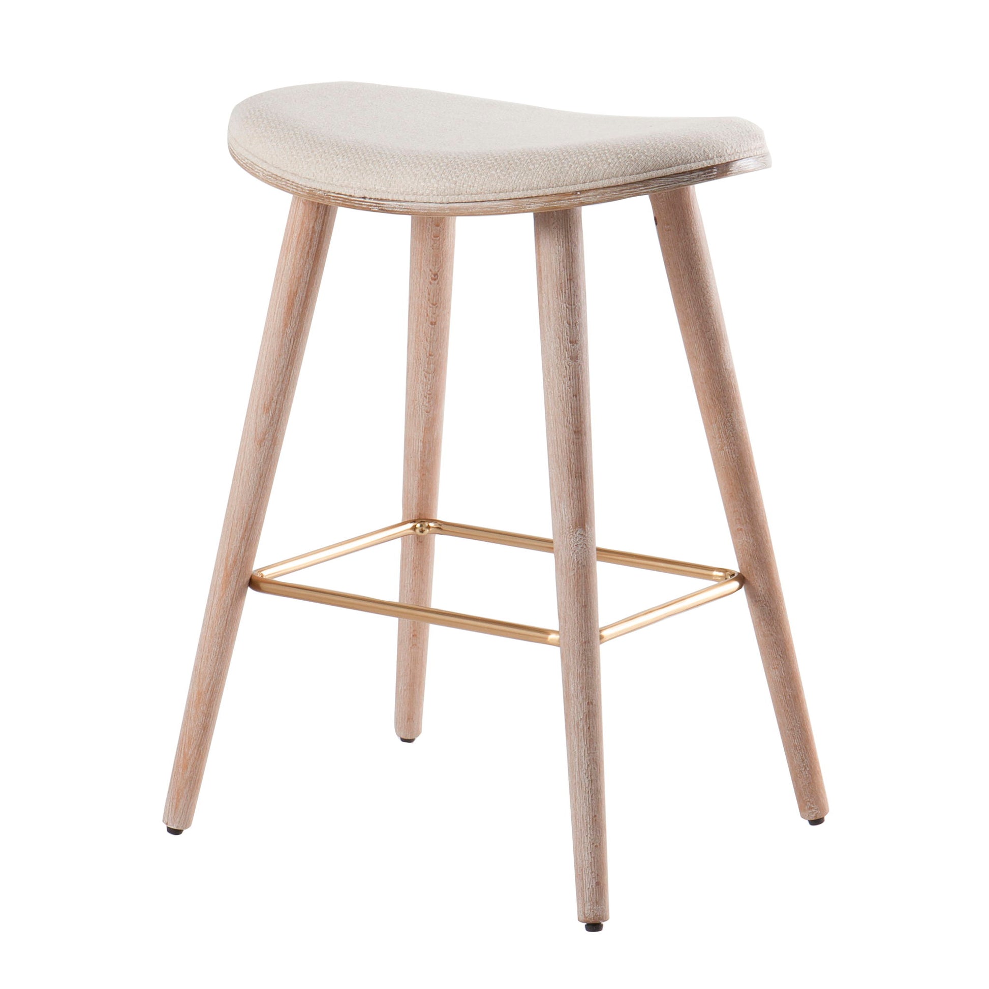 The Saddle - Contemporary Counter Stool (Set of 2) features a curved upholstered beige seat, four light wood legs, and a rectangular gold footrest connecting the legs near the base.