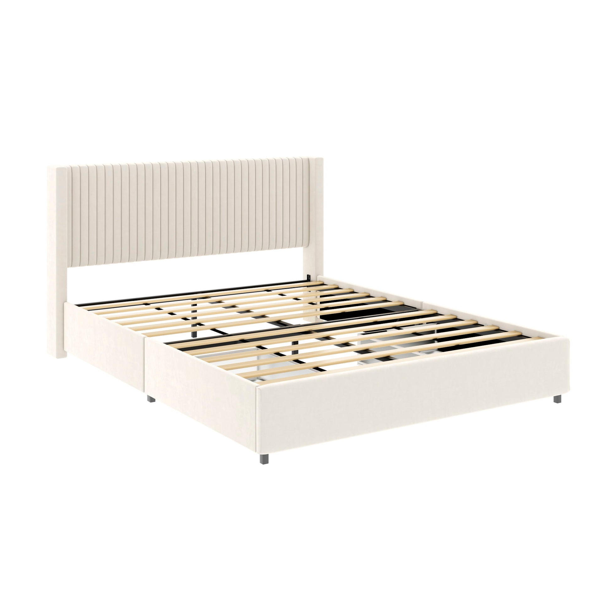 The Anna Upholstered Wingback Platform Bed features a cream fabric, tall vertically channeled headboard, modern minimalist design, wooden slats, and 4 storage drawers. Shown without mattress.