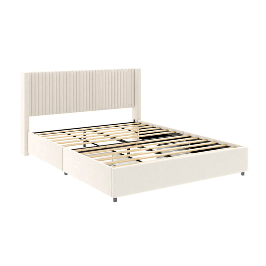 The Anna Upholstered Wingback Platform Bed features a cream fabric, tall vertically channeled headboard, modern minimalist design, wooden slats, and 4 storage drawers. Shown without mattress.