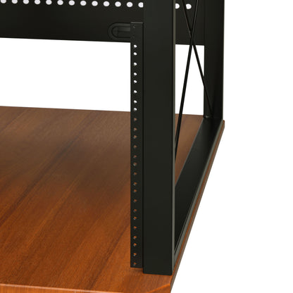 The Megara Music Desk, designed for multiple storage, features a black metal frame on a wooden surface with evenly spaced holes along the vertical bars, highlighting its sturdy construction from the corner view.