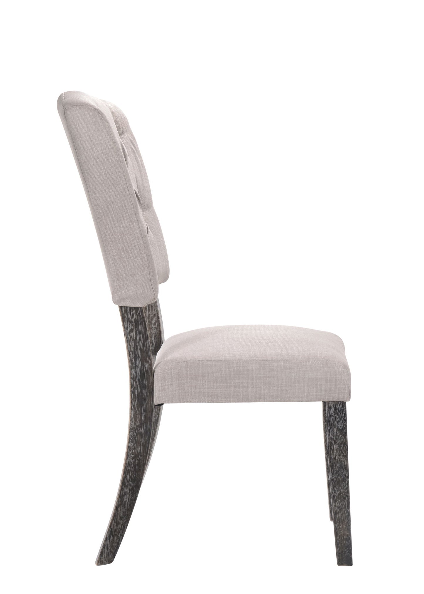 Side view of the Bernard - Weathered Side Chair (Set of 2), featuring light beige upholstery, a tufted backrest, and curved dark wooden legs, shown against a plain white background.