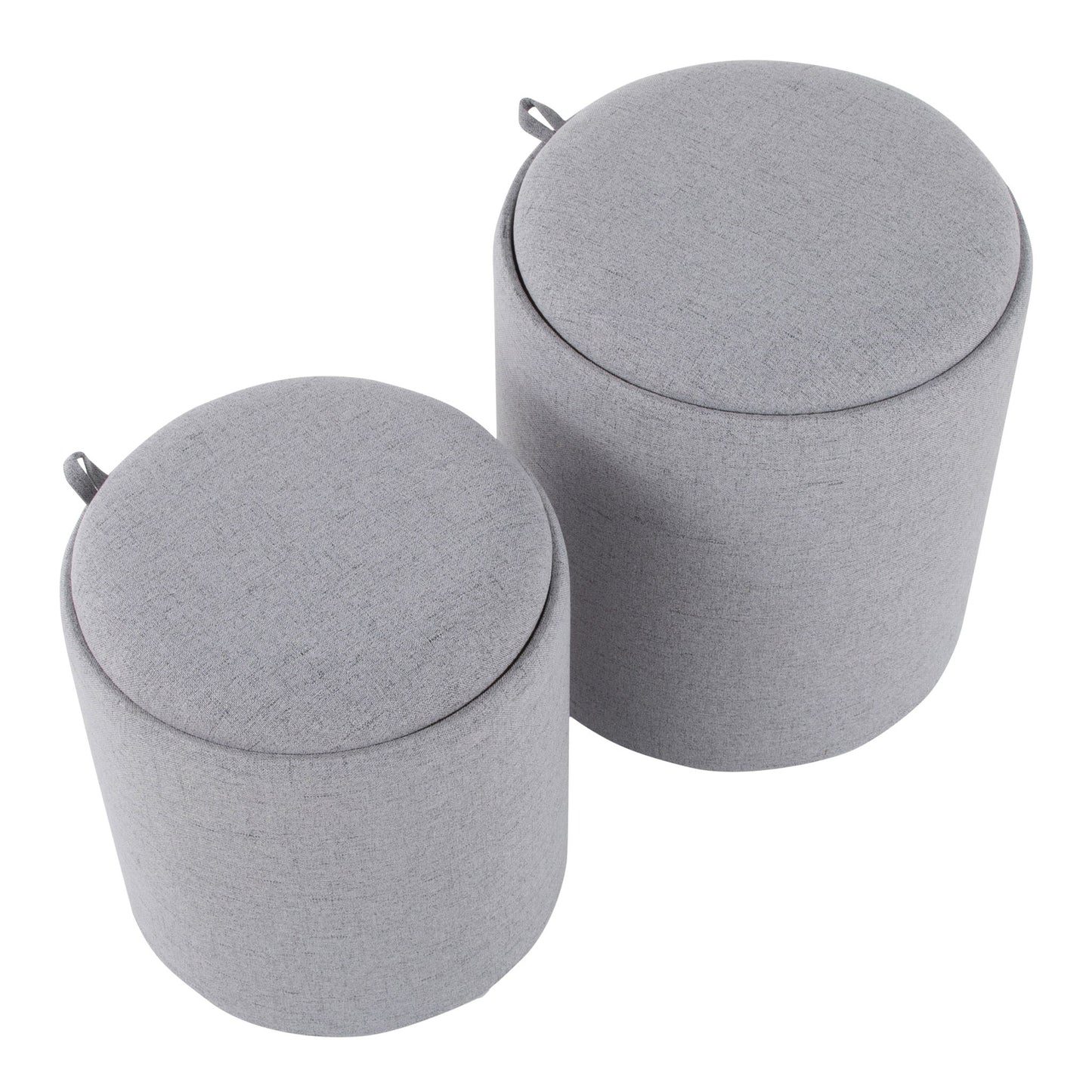 The Tray - Contemporary Nesting Ottoman Set features two round, light gray ottomans in different sizes, each with a fabric cover and a small loop handle on the side near the top.