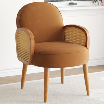 Accent Chair With Rattan Armrests And Wooden Legs Velvet For Living Room