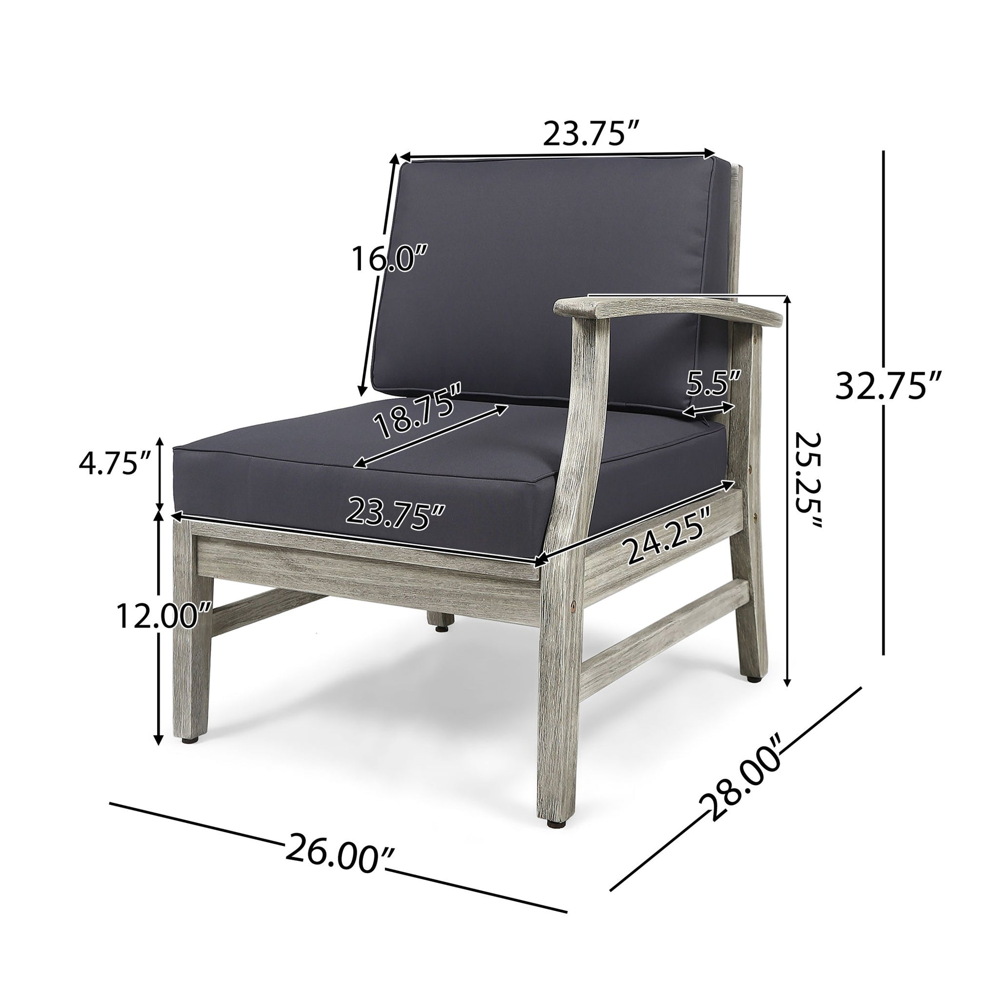 The Perla Armchair is an armless outdoor chair featuring dark cushions and a wood frame. Dimensions: chair height 32.75", seat height 17", seat depth 23.75", width 28", depth 26". Additional cushion and frame measurements provided.