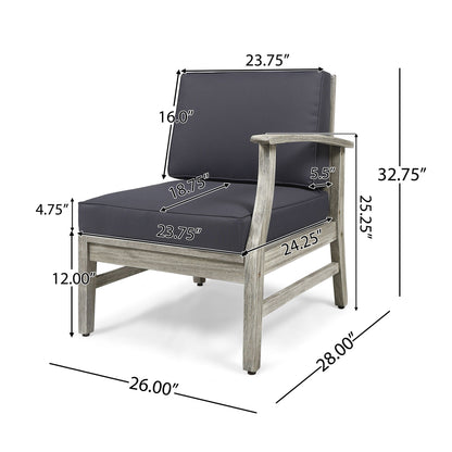 The Perla Armchair is an armless outdoor chair featuring dark cushions and a wood frame. Dimensions: chair height 32.75", seat height 17", seat depth 23.75", width 28", depth 26". Additional cushion and frame measurements provided.