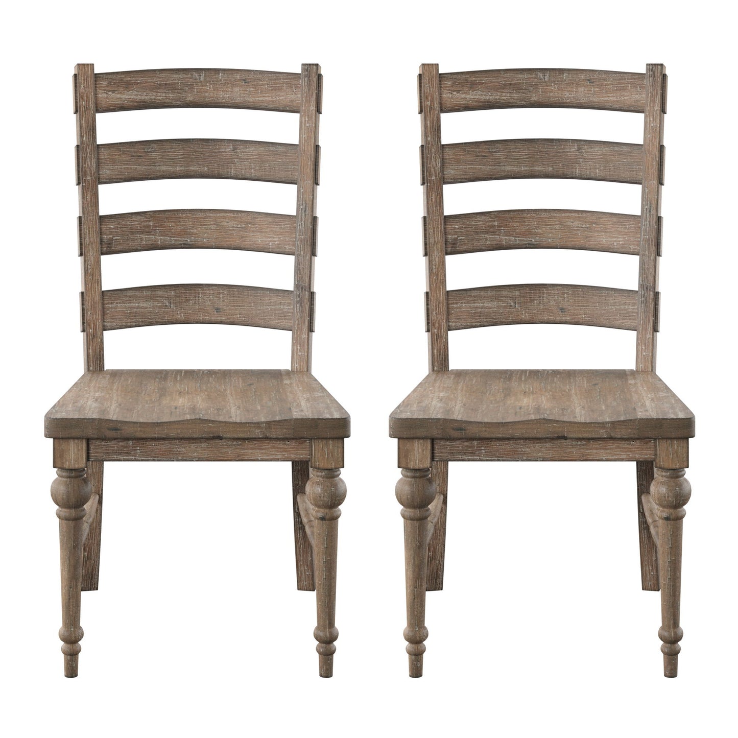 The Ludin Ladderback Dining Chairs (Set of 2) in taupe feature wooden frames with ladder-style backs and turned front legs, displayed side by side on a white background.