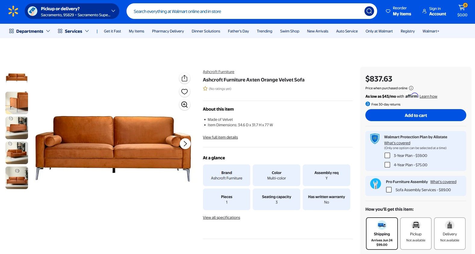 Screenshot of a Walmart product page for the Axten - Sofa - Orange, priced at $837.63, displaying sofa images, item details, shipping options, and purchase buttons on the right side.