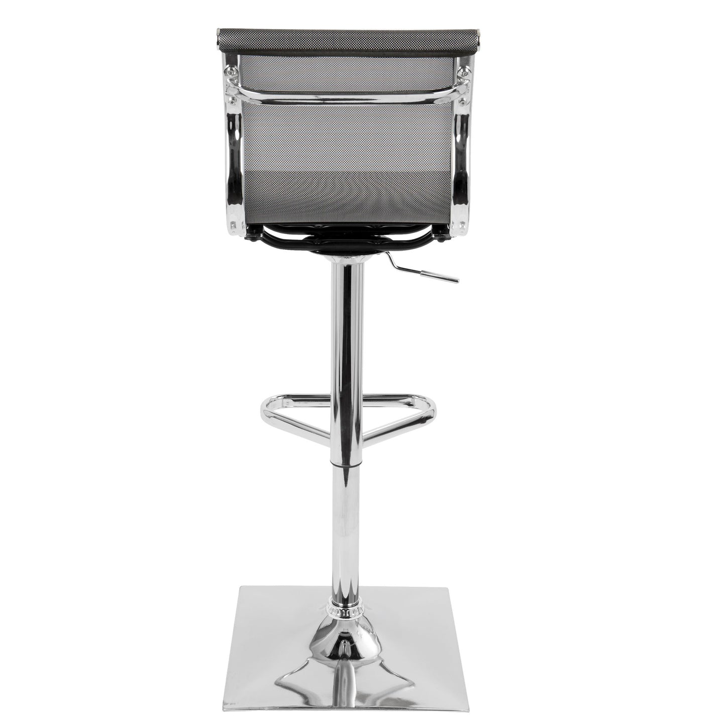 The Mirage - Contemporary Adjustable Barstool With Swivel features a mesh backrest, chrome frame, adjustable height lever, and flat square chrome base, shown from the rear view.