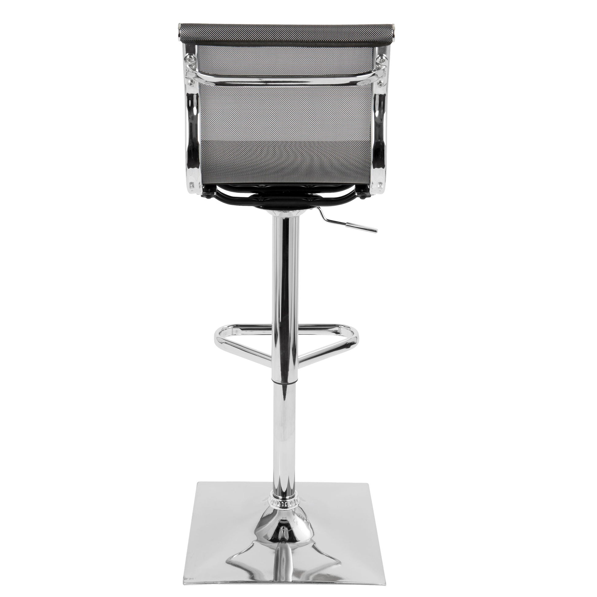 The Mirage - Contemporary Adjustable Barstool With Swivel features a mesh backrest, chrome frame, adjustable height lever, and flat square chrome base, shown from the rear view.