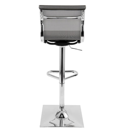 The Mirage - Contemporary Adjustable Barstool With Swivel features a mesh backrest, chrome frame, adjustable height lever, and flat square chrome base, shown from the rear view.