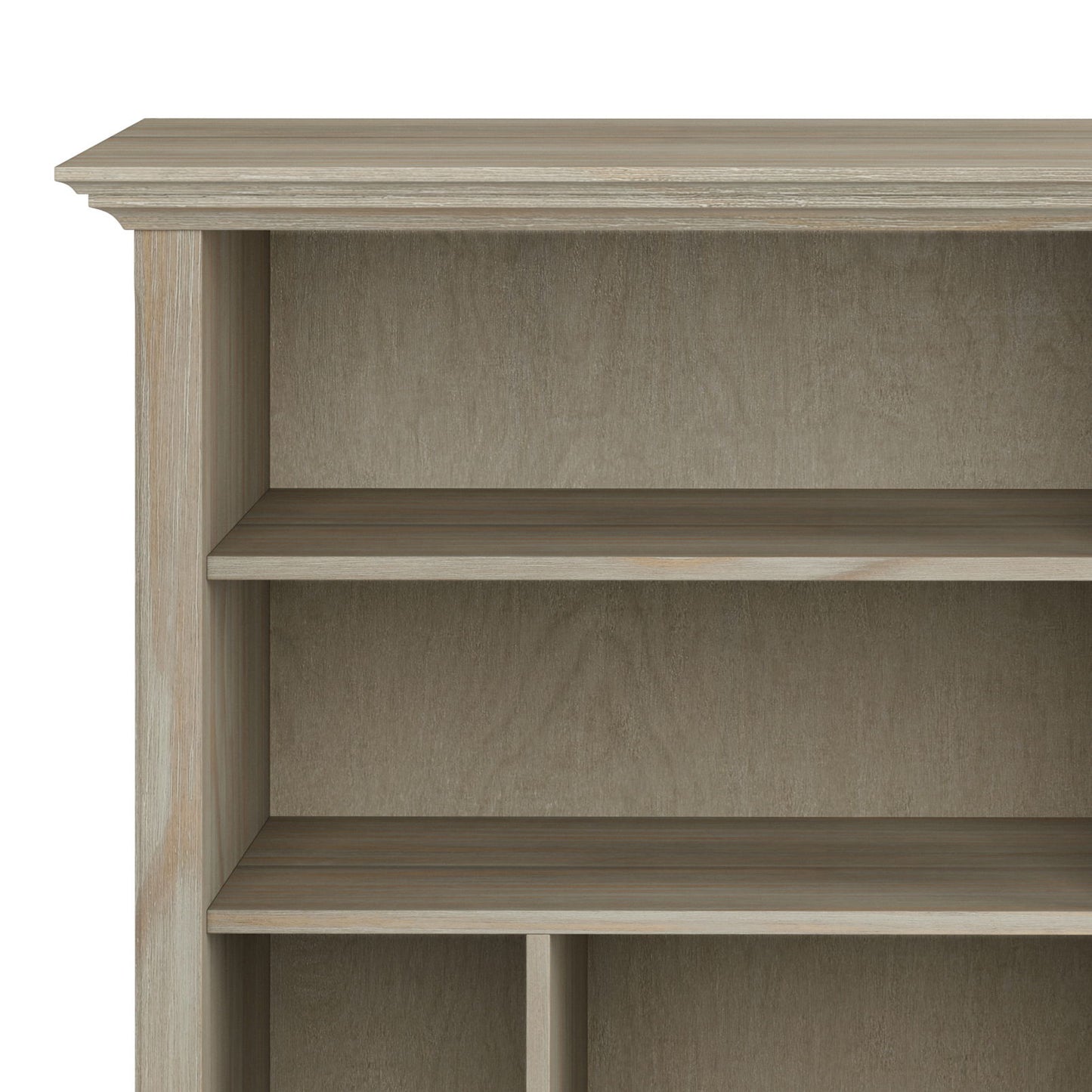A close-up of the Amherst Multi Cube Bookcase and Storage Unit in light brown wood shows its three empty shelves, with only the upper portion and left side visible against a plain background.