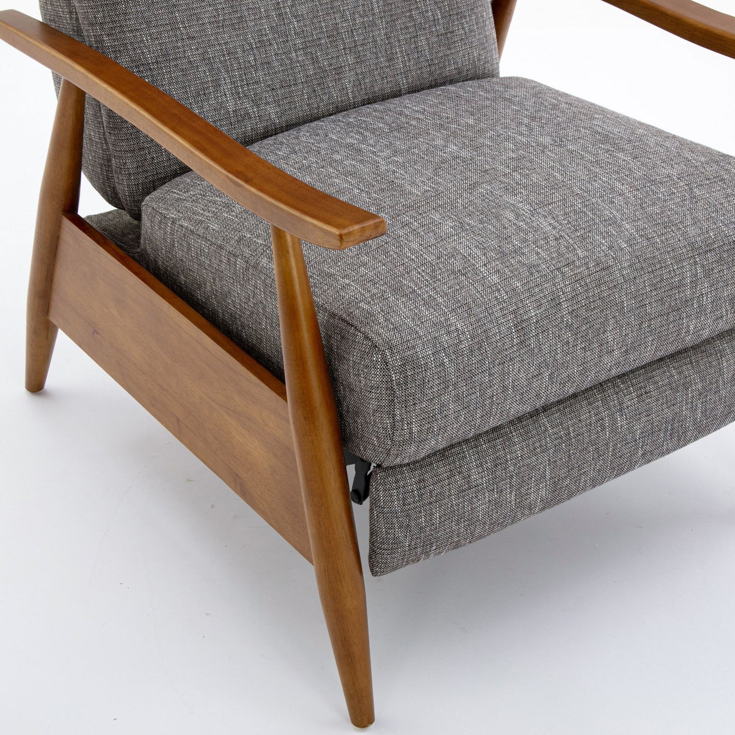 A close-up of the Vaughn Push Back Recliner, featuring solid hardwood legs and armrests with gray upholstered seat and back cushions, shown against a white background.