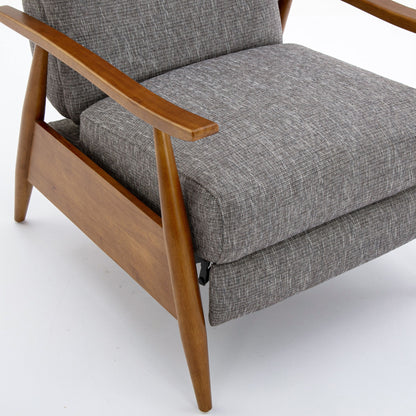 A close-up of the Vaughn Push Back Recliner, featuring solid hardwood legs and armrests with gray upholstered seat and back cushions, shown against a white background.