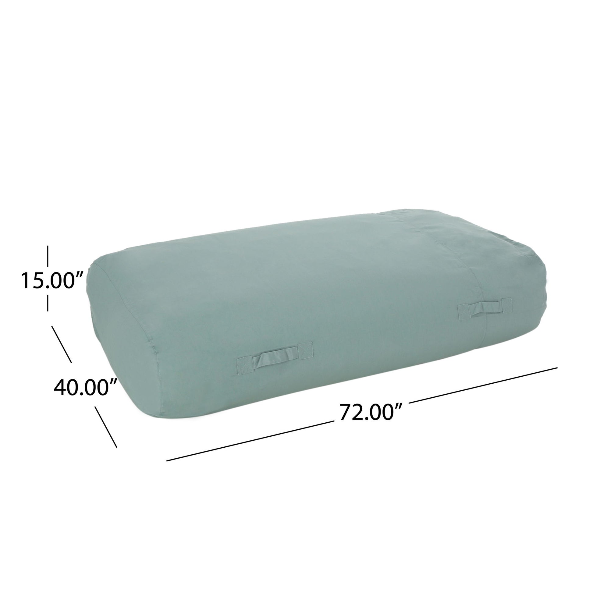 The Kasper Water Resistant Lounger Bean Bag is a light green rectangular outdoor cushion with side handles, measuring 72" L x 40" W x 15" H.