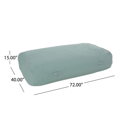 The Kasper Water Resistant Lounger Bean Bag is a light green rectangular outdoor cushion with side handles, measuring 72" L x 40" W x 15" H.