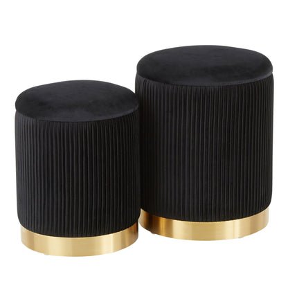 The Marla Contemporary Nesting Pleated Ottoman Set features two round black ottomans of different heights with vertical pleats and shiny gold bases, displayed side by side on a white background.