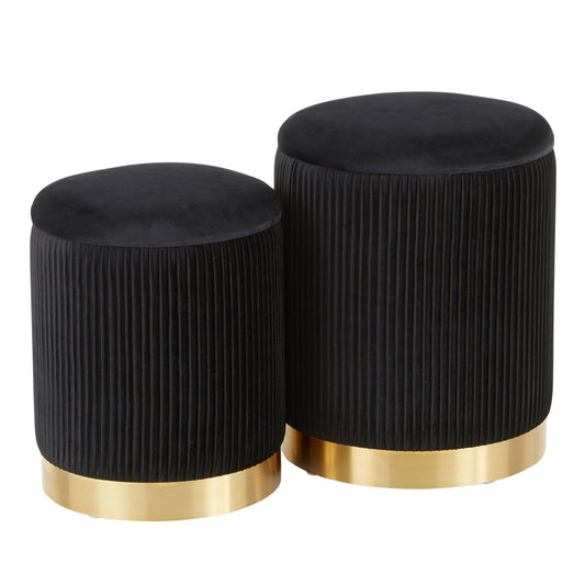 The Marla Contemporary Nesting Pleated Ottoman Set features two round black ottomans of different heights with vertical pleats and shiny gold bases, displayed side by side on a white background.