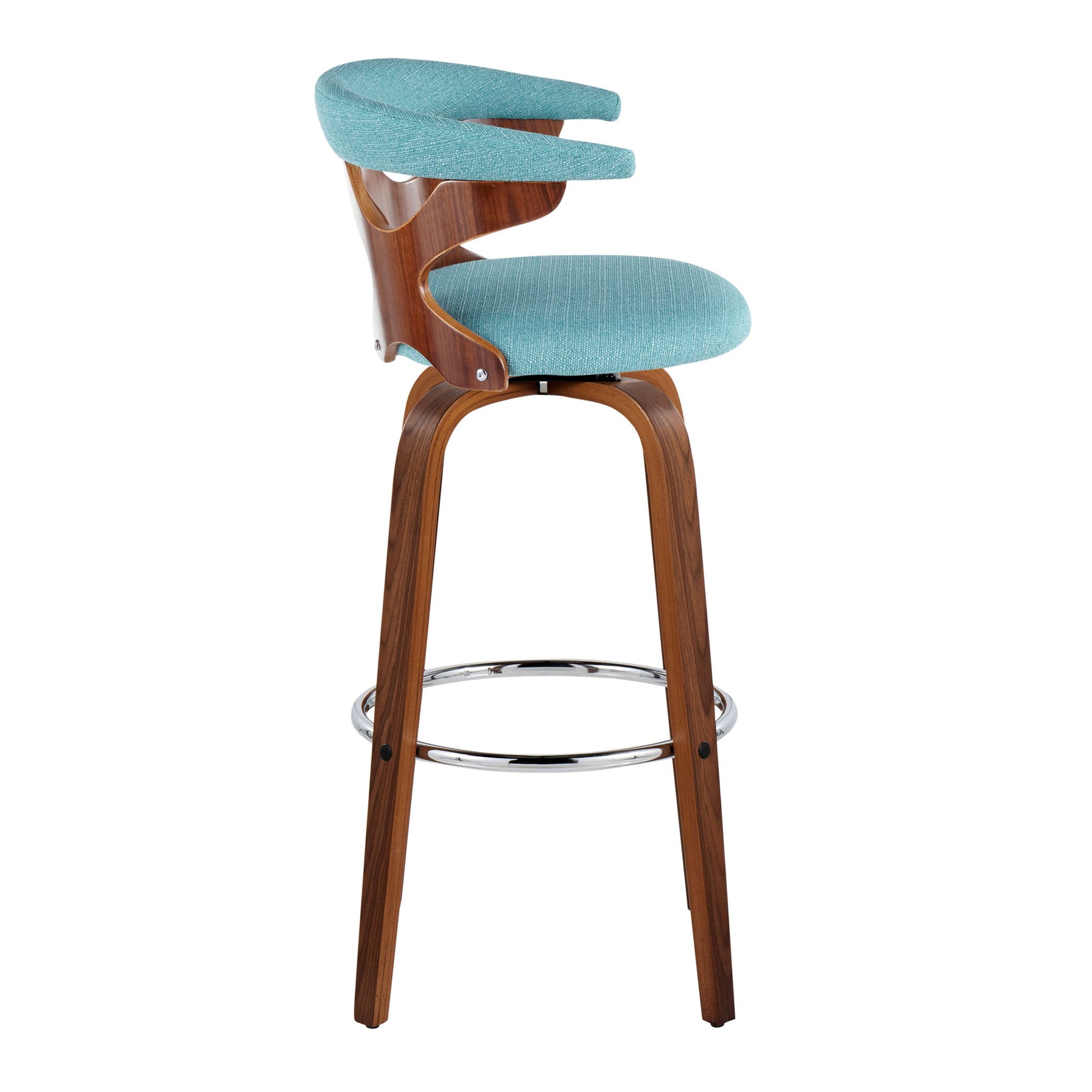 The Gardenia Mid Century Modern Fixed Height Barstool (Set of 2) features a walnut wood frame, turquoise upholstered seat and backrest, curved back support, swivel function, and a round chrome footrest.