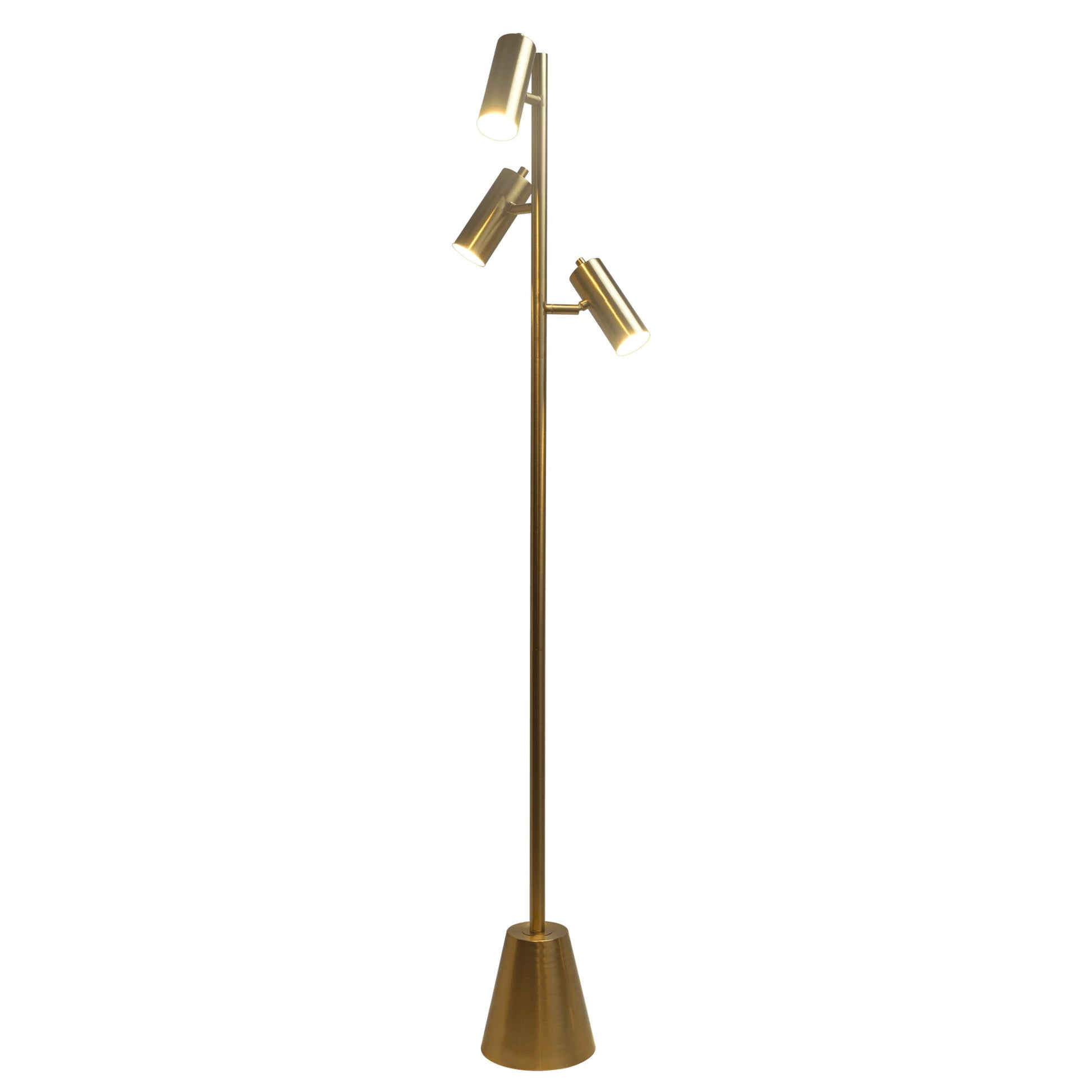 The Lumina Floor Lamp features a gold cone base and three adjustable cylindrical spotlights at varying heights along the pole, operated by a rotary switch.