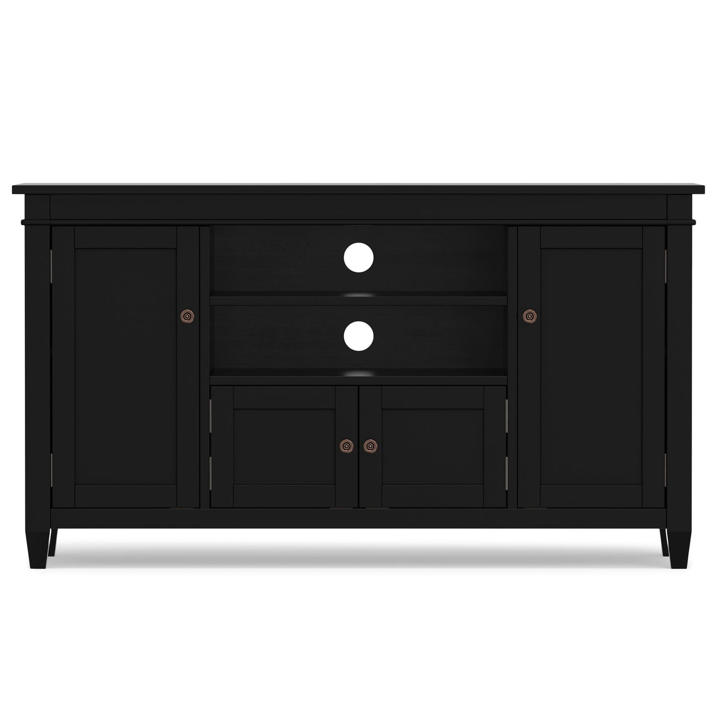 The Carlton - TV Media Stand features a sleek black wood design with two side cabinets, two open center shelves with cable management holes, and two small lower central doors for a modern, minimalist look.