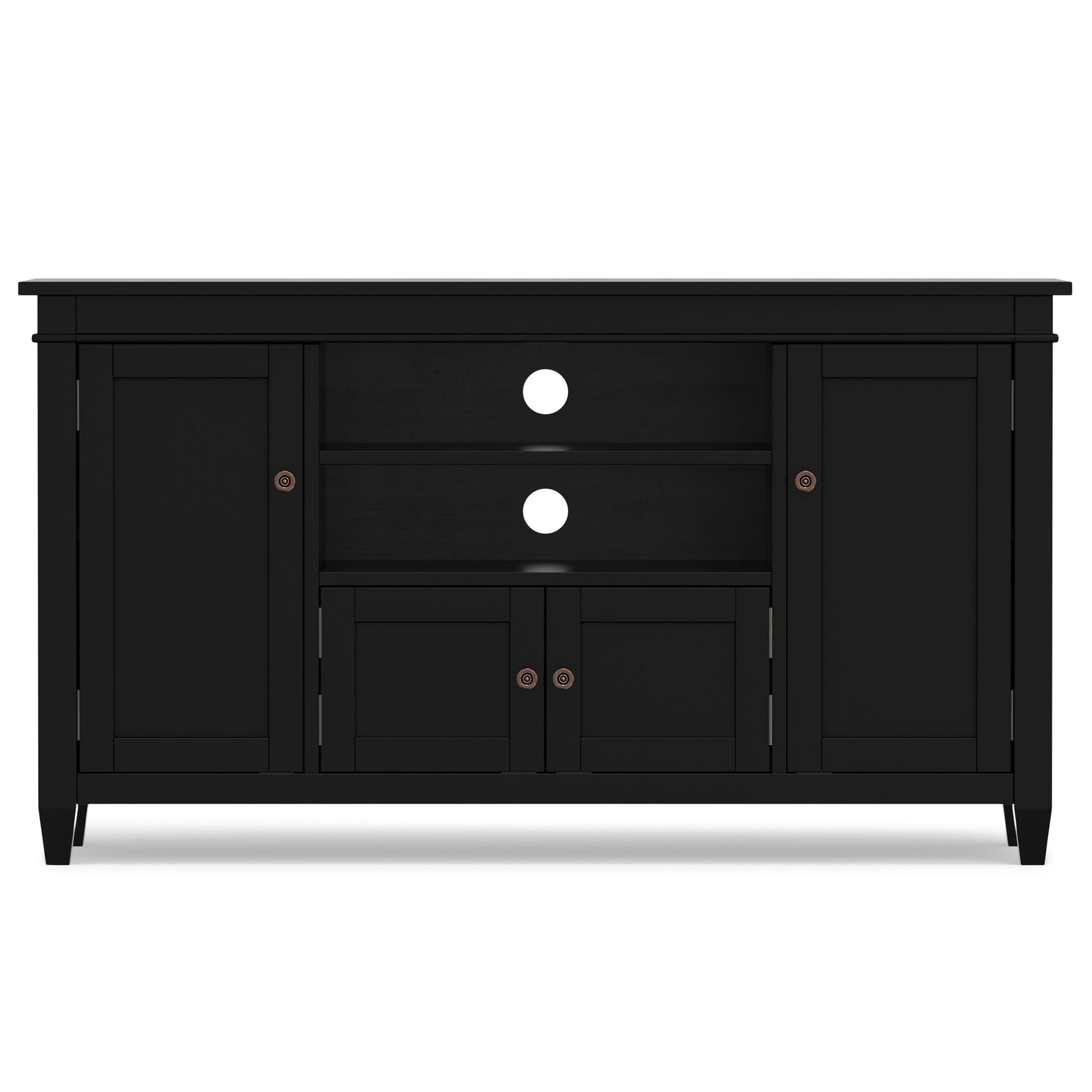 The Carlton - TV Media Stand features a sleek black wood design with two side cabinets, two open center shelves with cable management holes, and two small lower central doors for a modern, minimalist look.