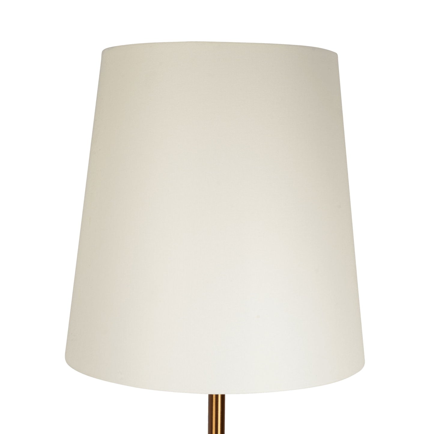 A close-up of the Celestial Modern Floor Lamp with Accent Table, featuring a large white conical shade and a gold stand, set against a plain white background.