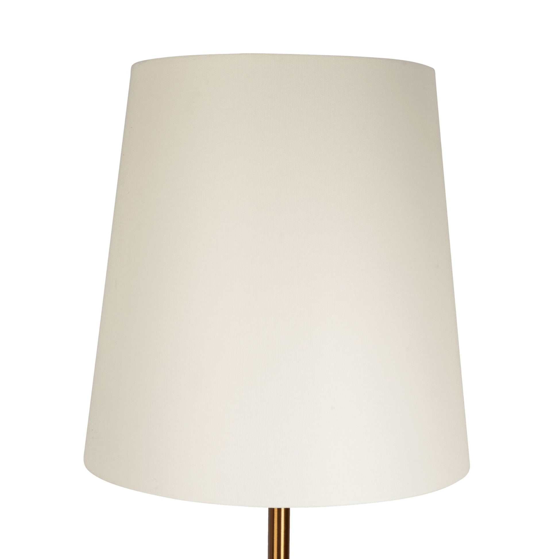A close-up of the Celestial Modern Floor Lamp with Accent Table, featuring a large white conical shade and a gold stand, set against a plain white background.