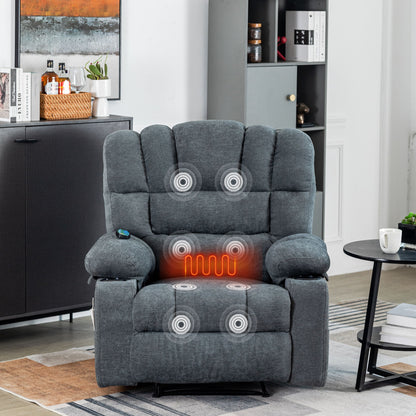 The Massage Recliner Chair Sofa With Heating Vibration is displayed in a modern living room, featuring graphic overlays that highlight its massage and heating functions on the back, seat, and leg areas next to a small black round table.
